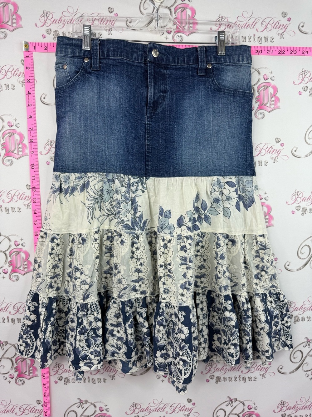 Motherhood Maternity skirt y2k Blue Denim and Cream Floral Tiered Maxi Skirt